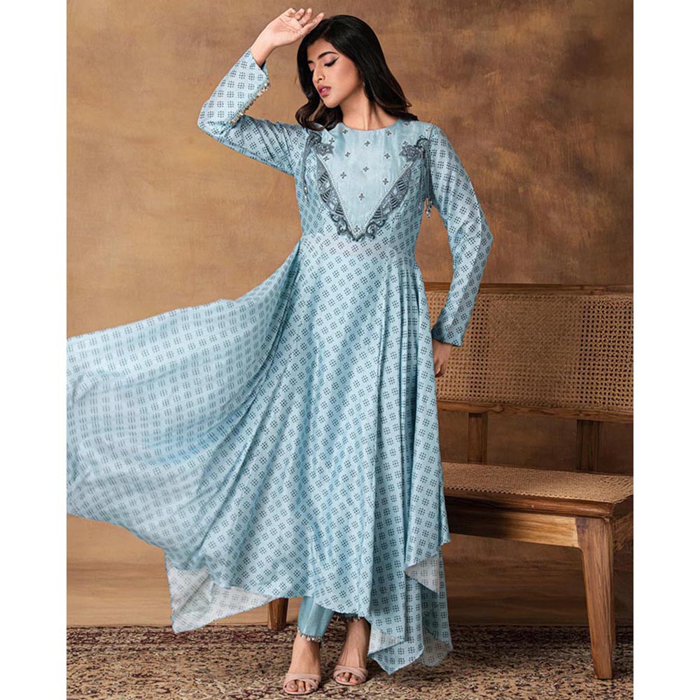 ISHA GUPTA TAYAL Zeenat Powder Blue Chanderi Asymmetric Kurta with Pant