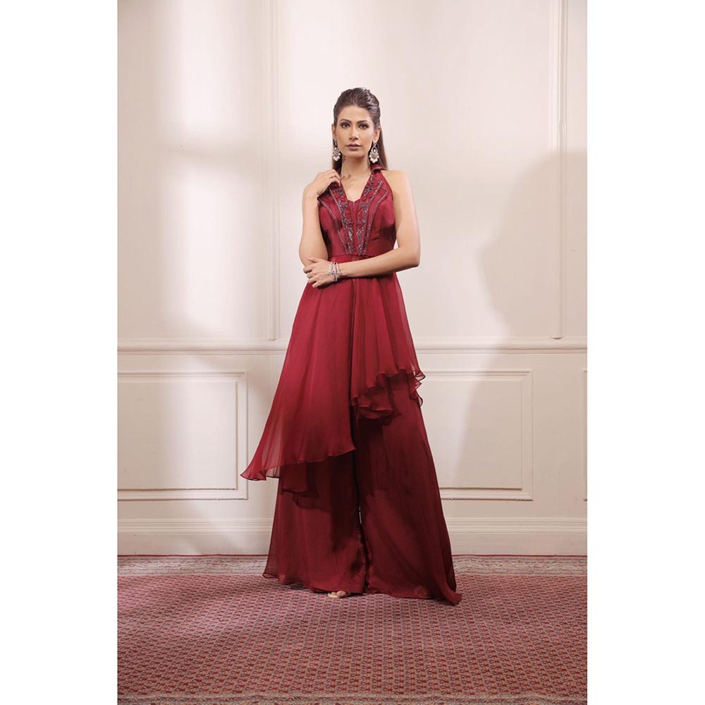 ISHA GUPTA TAYAL Maroon Asymmetric Kurta with Flared Organza Pants