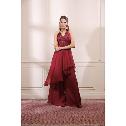 ISHA GUPTA TAYAL Maroon Asymmetric Kurta with Flared Organza Pants