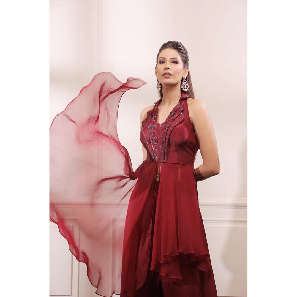 ISHA GUPTA TAYAL Maroon Asymmetric Kurta with Flared Organza Pants