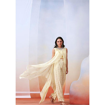 ISHA GUPTA TAYAL Off White Top and Pant Set with Embellished Drape Cape