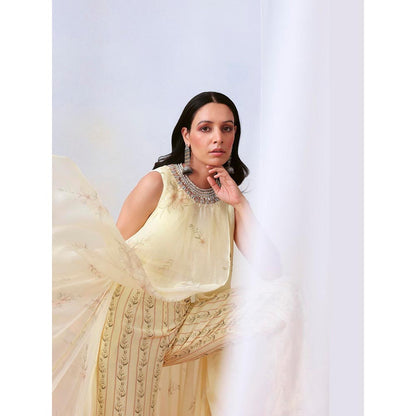 ISHA GUPTA TAYAL Off White Top and Pant Set with Embellished Drape Cape