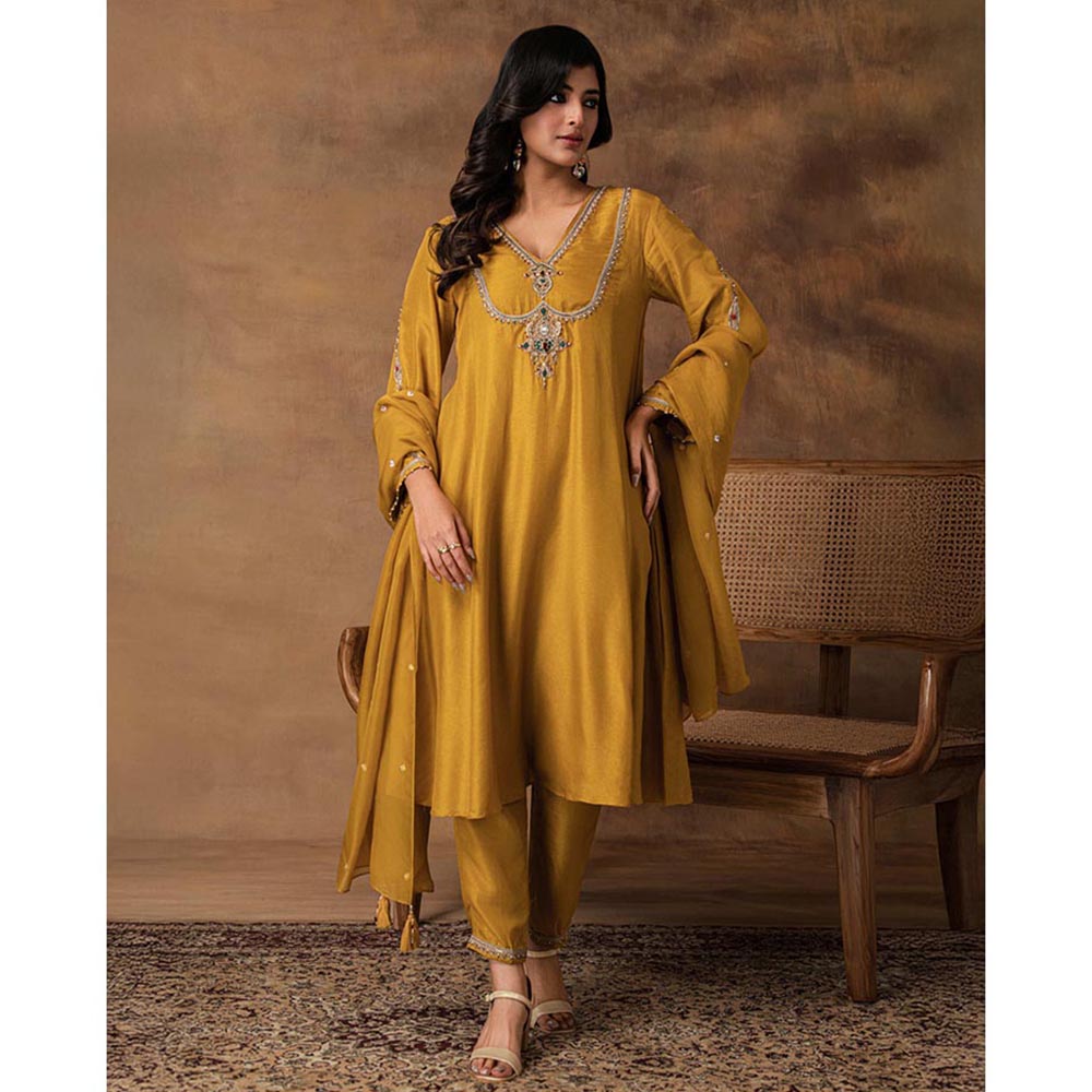 ISHA GUPTA TAYAL Yellow Rajsi Silk Embroidered Kurta and Pant with Dupatta