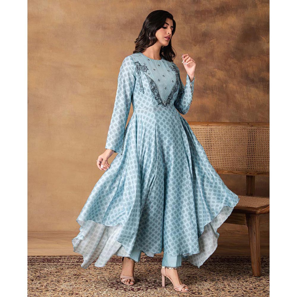ISHA GUPTA TAYAL Blue Zeenat Chanderi Asymmetric Anarkali and Pant Set