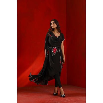 ISHA GUPTA TAYAL Black Black Magnolia Printed Drape Kurta and Pant with Dupatta