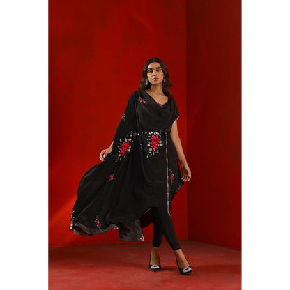 ISHA GUPTA TAYAL Black Black Magnolia Printed Drape Kurta and Pant with Dupatta