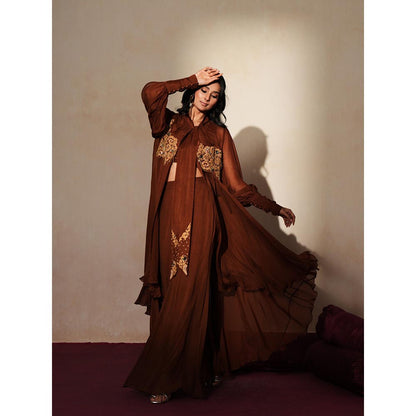 ISHA GUPTA TAYAL Brown Ruhani Jacket and Pant with Bustier Set