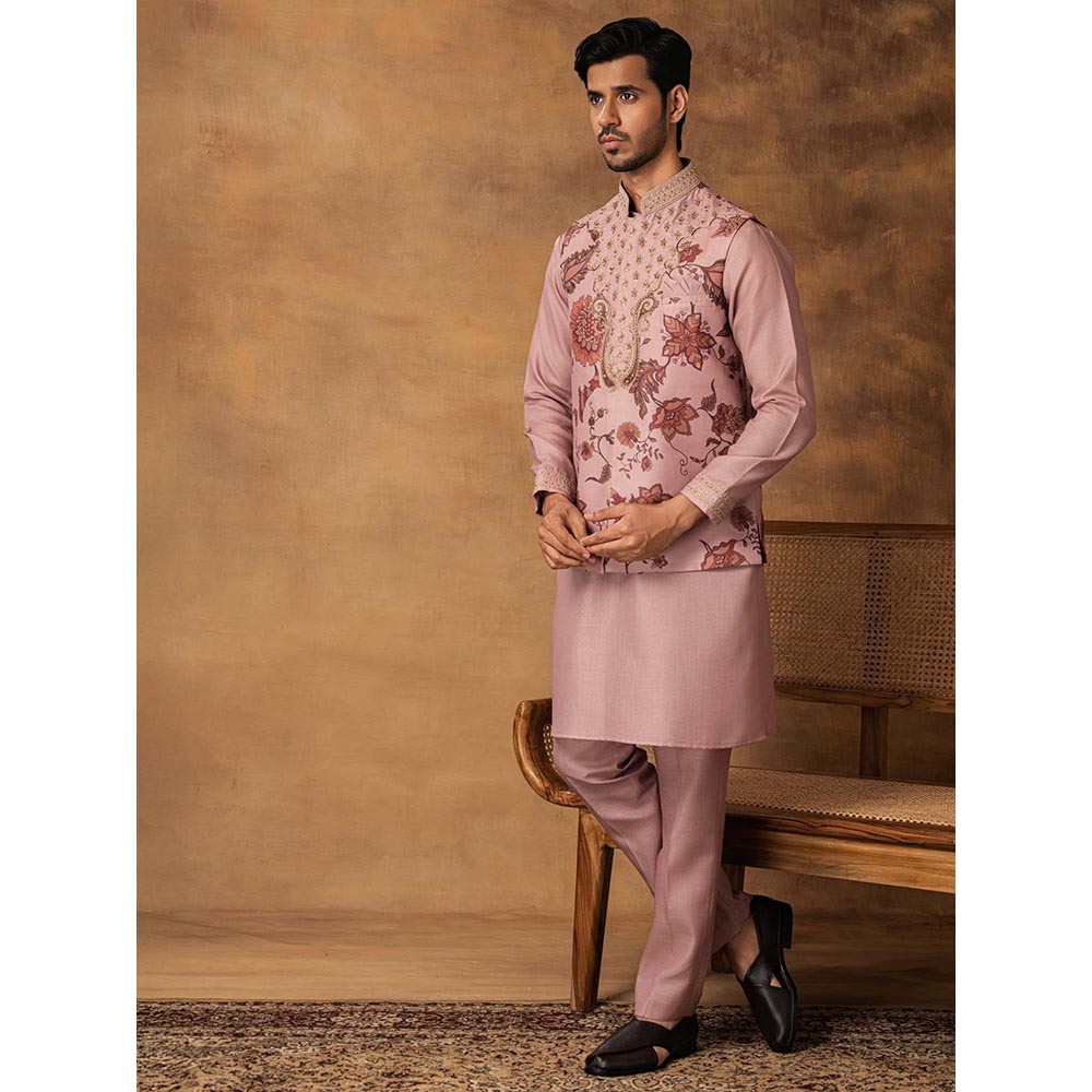 ISHA GUPTA TAYAL Pastel Pink Floral Printed Kurta and Pant with Nehru Jacket Set