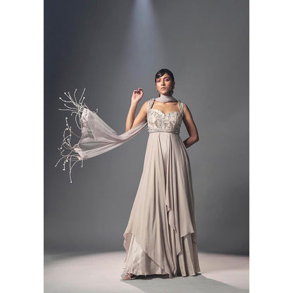 ISHA GUPTA TAYAL Grey Ecru Corded Drape Anarkali Gown and Dupatta
