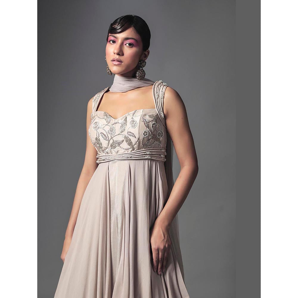 ISHA GUPTA TAYAL Grey Ecru Corded Drape Anarkali Gown and Dupatta