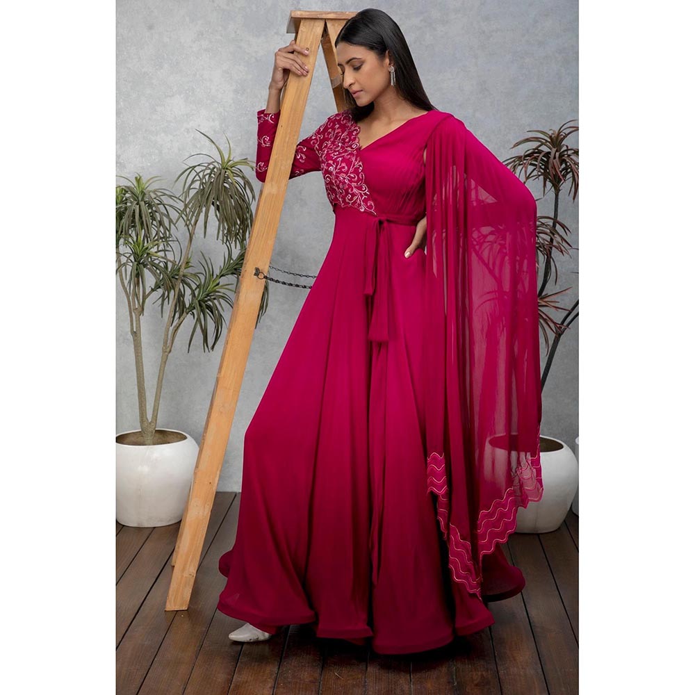 ISHA GUPTA TAYAL Pink Sapphire Embroidered Draped Gown