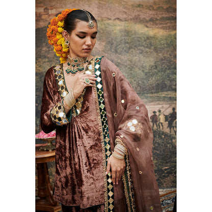 ITRH Brown Makhmal Khayal Kurti with Sharara and Dupatta (Set of 3)