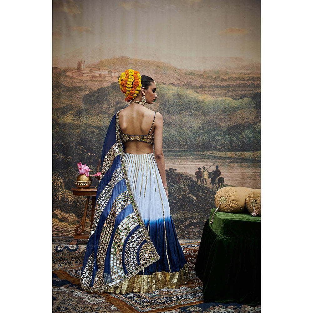 ITRH Blue and White Neel Ruba Lehenga Blouse and Dupatta (Set of 3)