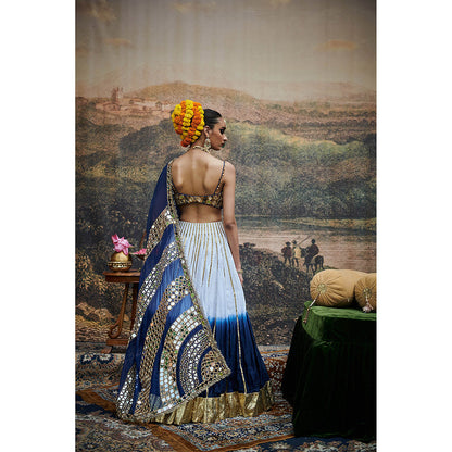 ITRH Blue and White Neel Ruba Lehenga Blouse and Dupatta (Set of 3)