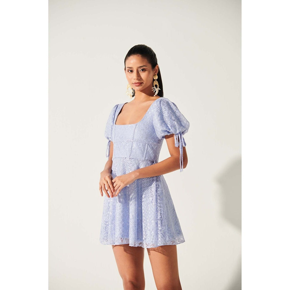 Ivory Rose Blue Allure Balloon Lace Sleeve Mini Dress