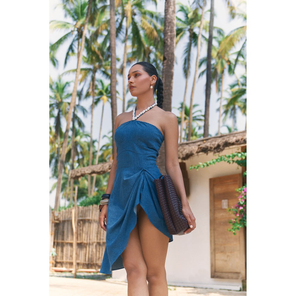 Ivory Rose Blue Raw Edge Mini Dress
