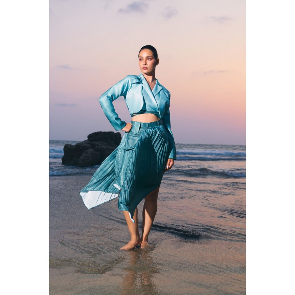 Ivory Rose FORM Blue Crop Top with Jacket and Skirt (Set of 3)