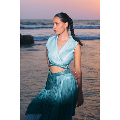 Ivory Rose FORM Blue Crop Top with Jacket and Skirt (Set of 3)