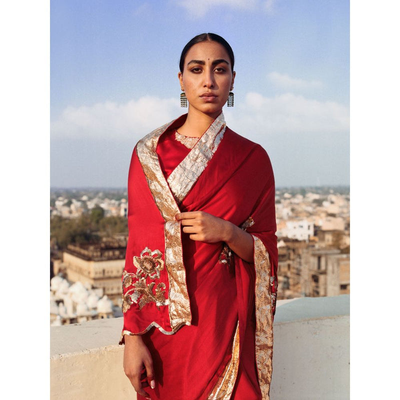 Jadon Red Ajna Saree without Blouse