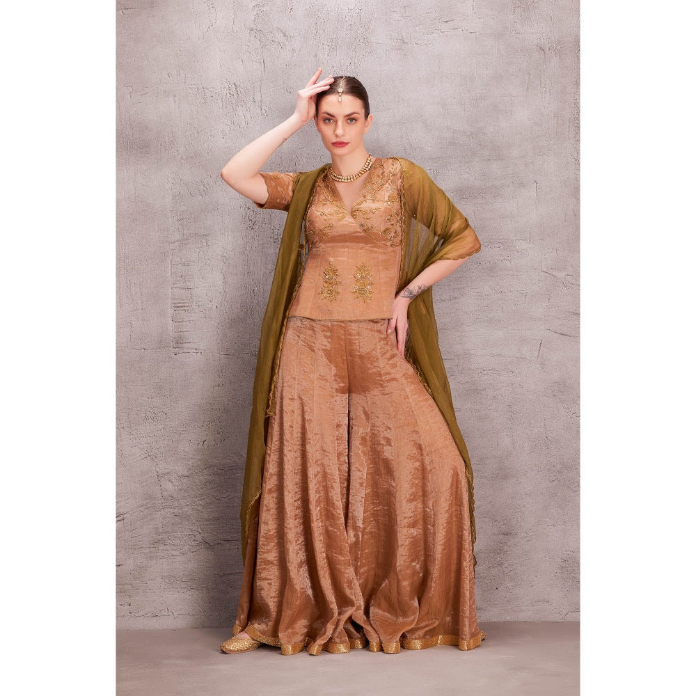 Janki India Antique Tissue Silk Kalidaar Sharara with Top & Green Organza Dupatta (Set of 3)