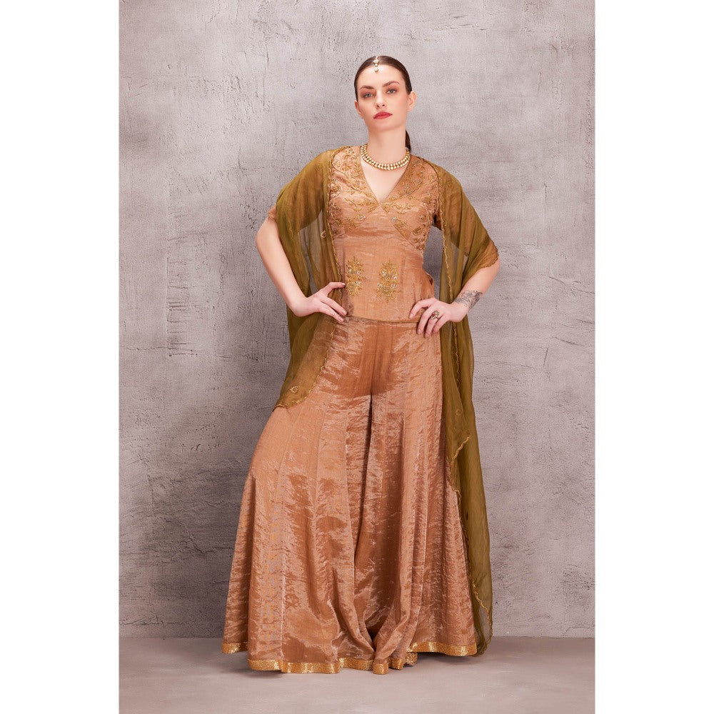 Janki India Antique Tissue Silk Kalidaar Sharara with Top & Green Organza Dupatta (Set of 3)