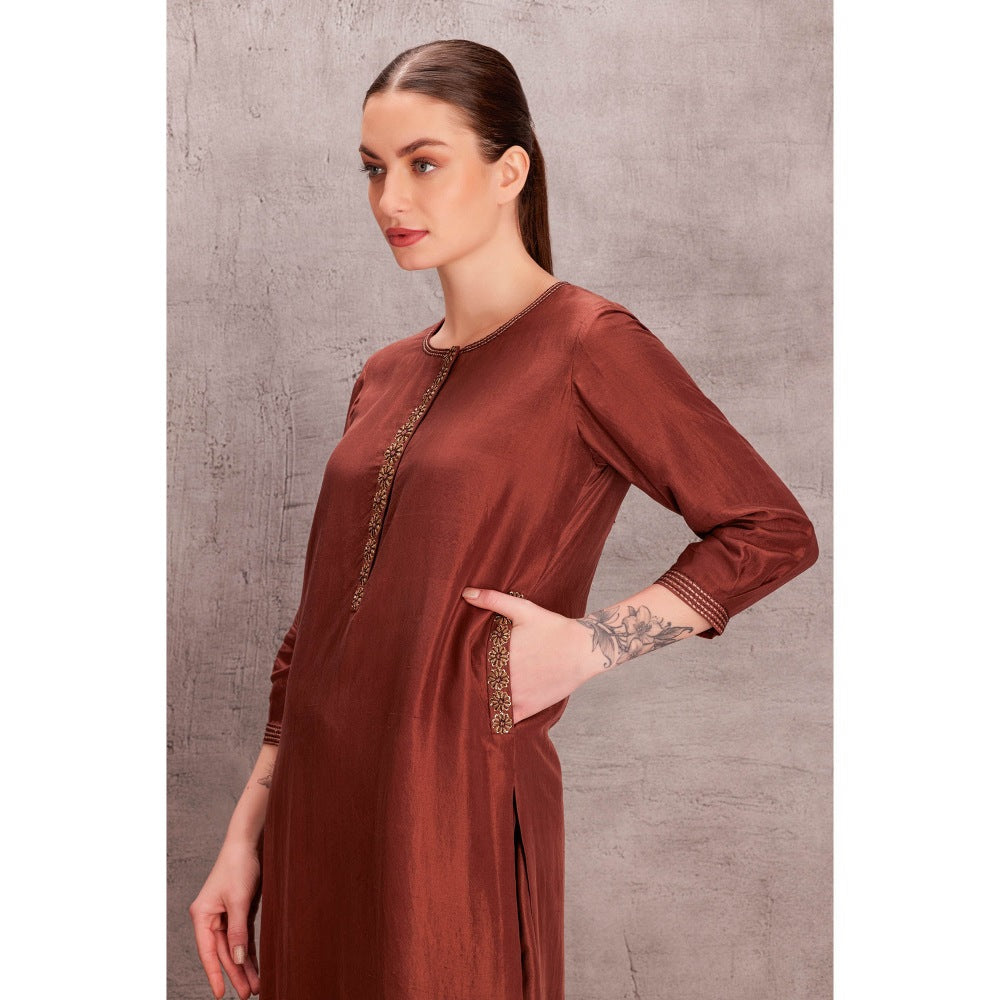 Janki India Womens Embroidered Dupion Silk Kurta Brown Salwar (Set of 2)
