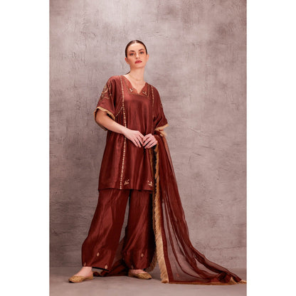Janki India Brown Silk Kurta & Salwar with Mukesh Chandwali Work Dupatta (Set of 3)