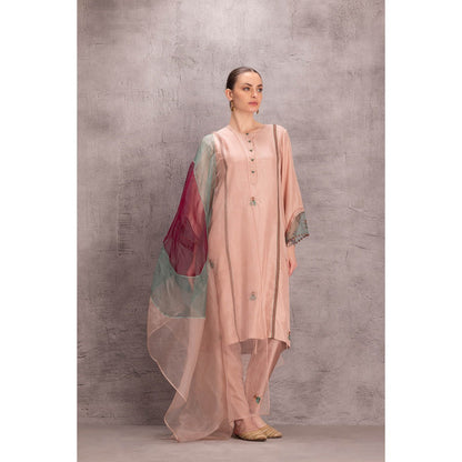 Janki India Peach Silk Kurta with Pant with Purple Dupatta (Set of 3)