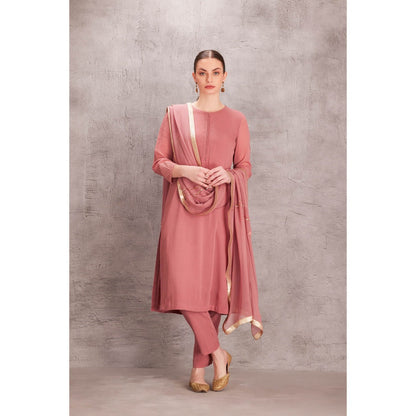Janki India Pink Georgette Kurta with Pant & Hand Work Dupatta (Set of 3)
