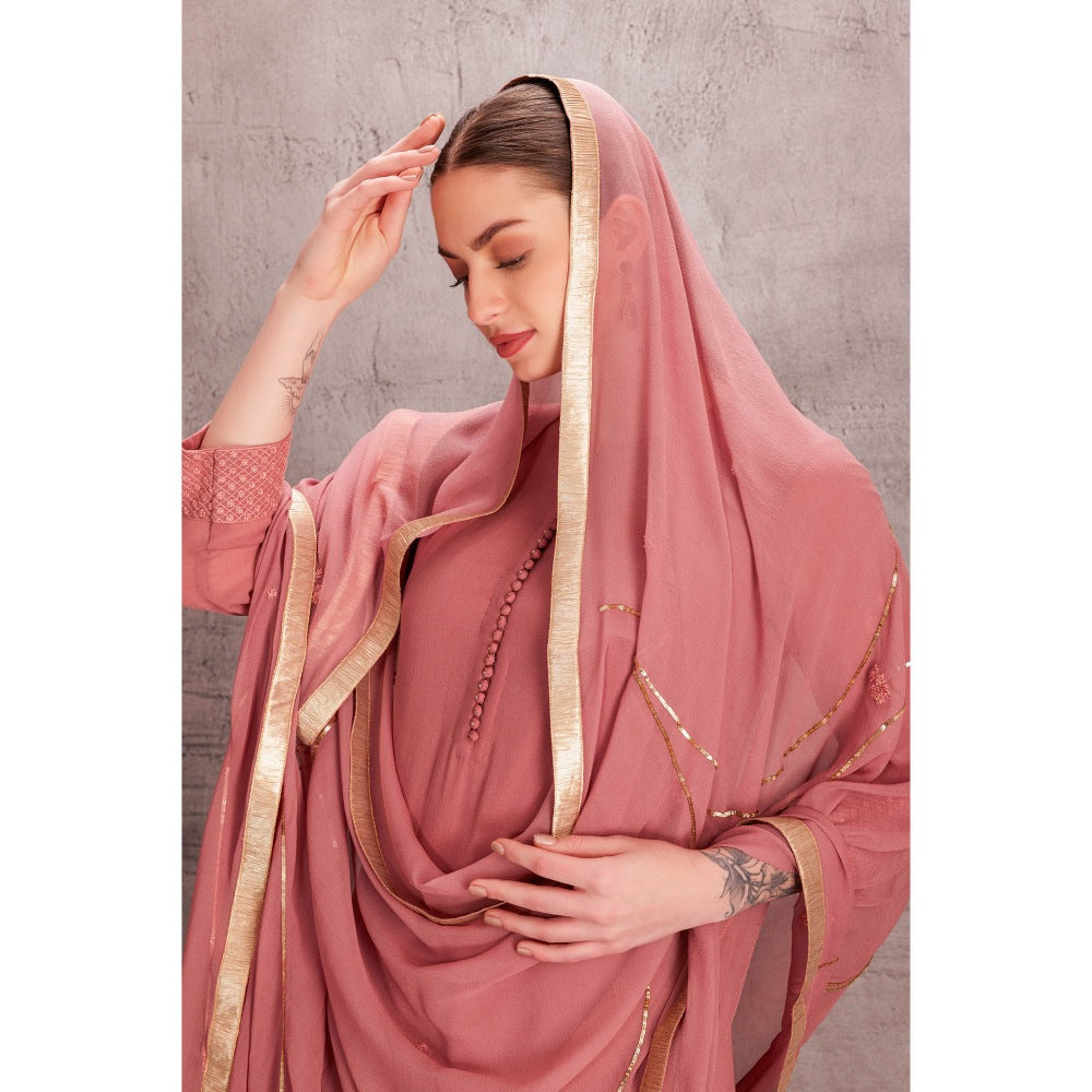 Janki India Pink Georgette Kurta with Pant & Hand Work Dupatta (Set of 3)