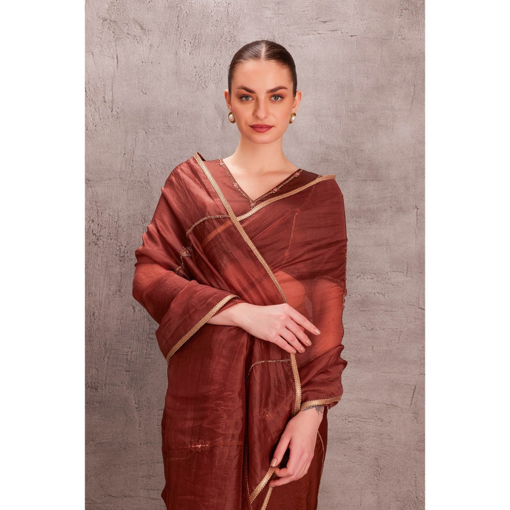 Janki India Floral & Cut Dana Work Brown Organza Saree with Stitched Blouse & Underskirt