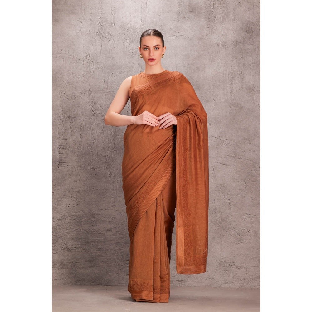 Janki India Womens Embroidery Brown Chanderi Saree with Stitched Blouse & Underskirt