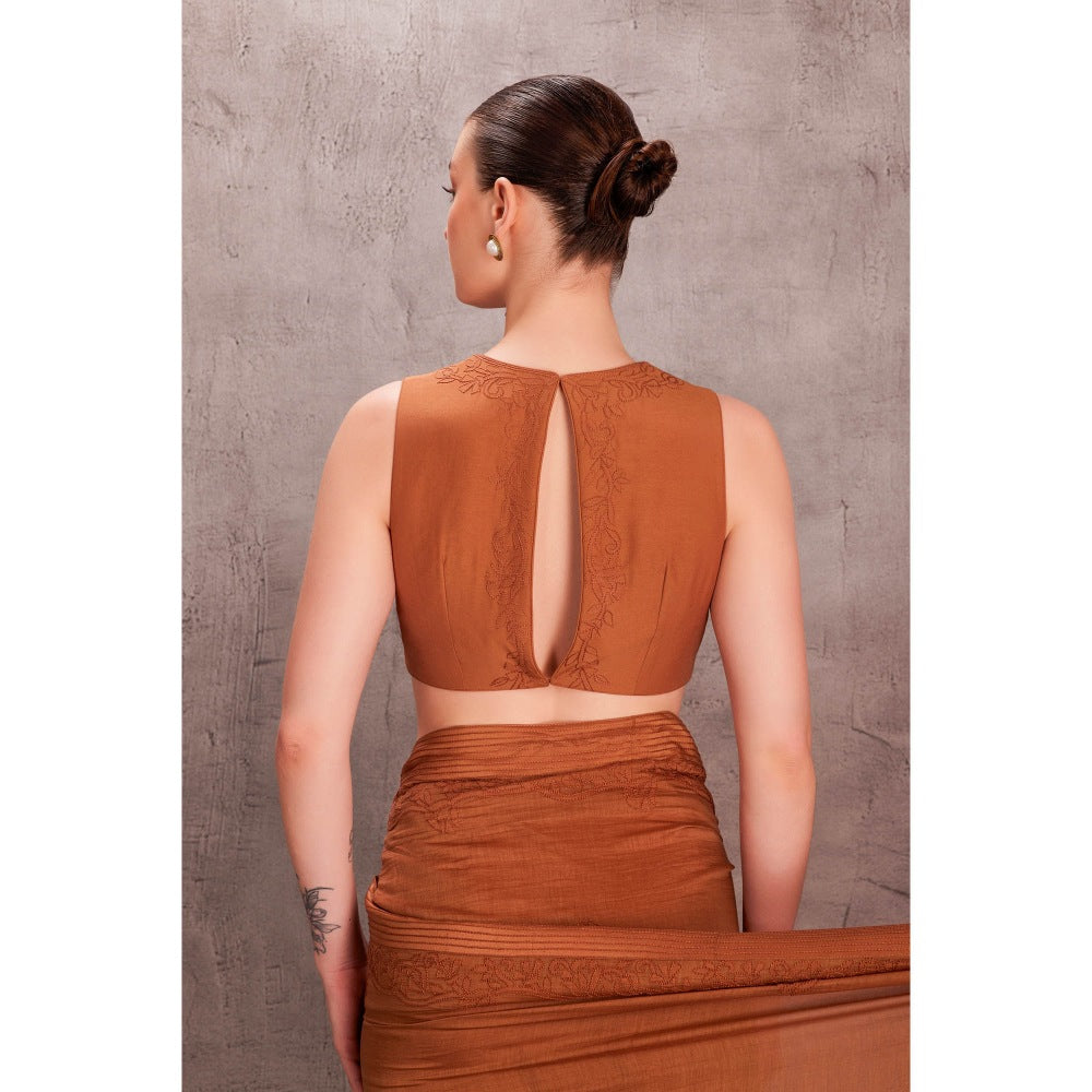 Janki India Womens Embroidery Brown Chanderi Saree with Stitched Blouse & Underskirt