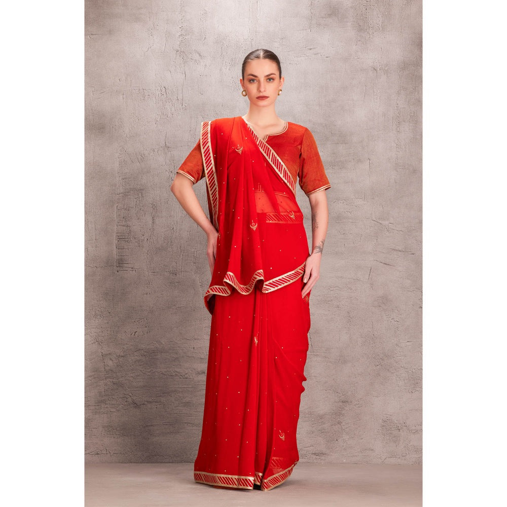 Janki India Womens Embellished Orange Chiffon Saree with Stitched Blouse & Underskirt