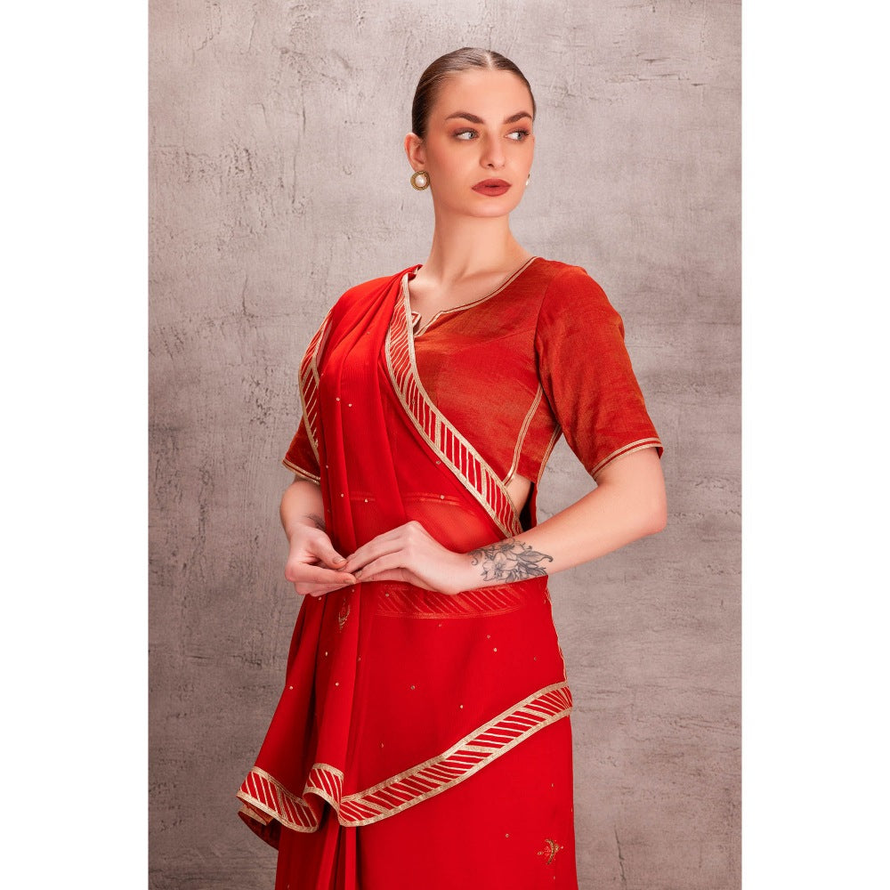 Janki India Womens Embellished Orange Chiffon Saree with Stitched Blouse & Underskirt