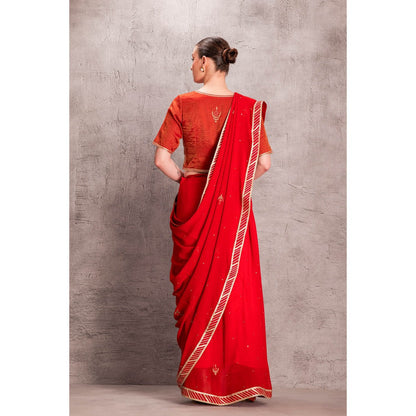 Janki India Womens Embellished Orange Chiffon Saree with Stitched Blouse & Underskirt