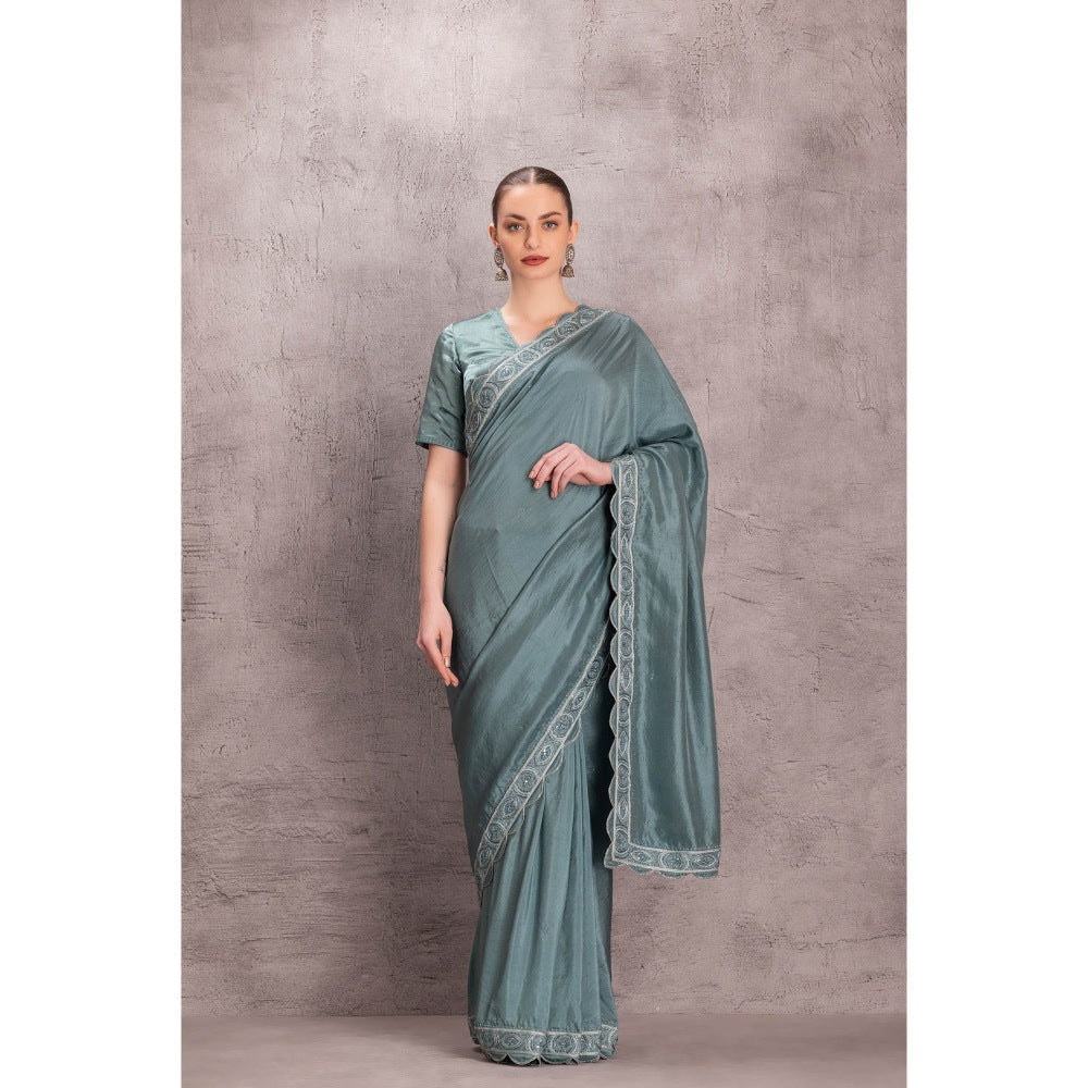 Janki India Women Embellished Sky Blue Pure Silk Saree with Stitched Blouse & Underskirt