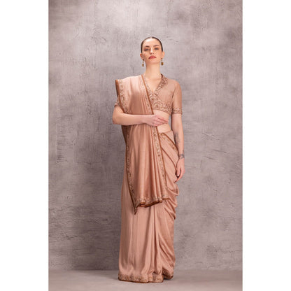 Janki India Womens Embroidered Muga Silk Saree with Stitched Blouse & Underskirt