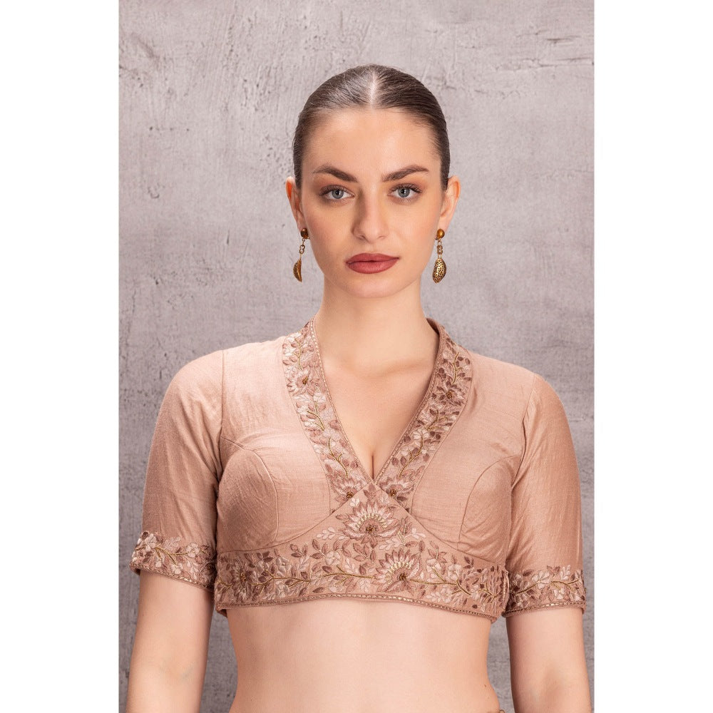 Janki India Womens Embroidered Muga Silk Saree with Stitched Blouse & Underskirt
