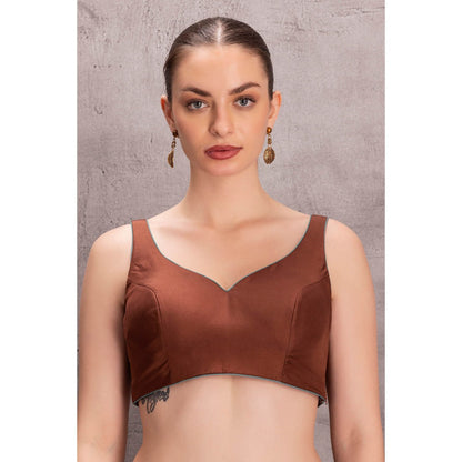 Janki India Womens Floral Embroidered Brown Silk Saree with Stitched Blouse & Underskirt