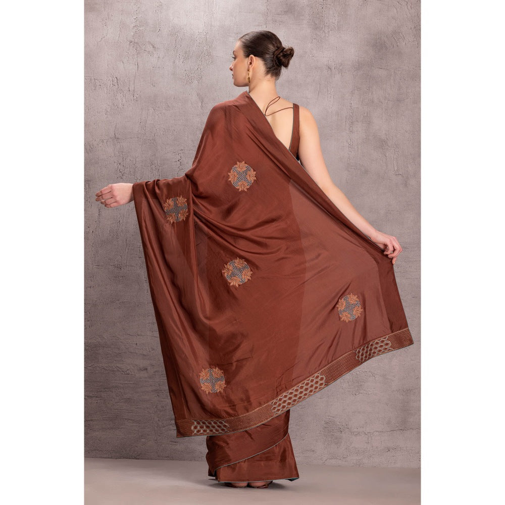 Janki India Womens Floral Embroidered Brown Silk Saree with Stitched Blouse & Underskirt