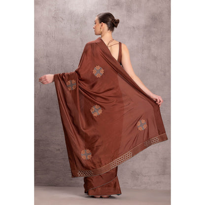 Janki India Womens Floral Embroidered Brown Silk Saree with Stitched Blouse & Underskirt