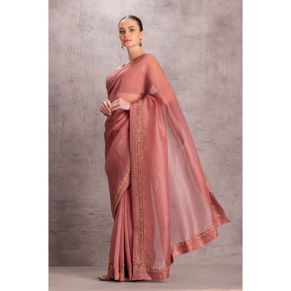 Janki India Womens Embroidered Pink Organza Saree with Stitched Blouse & Underskirt