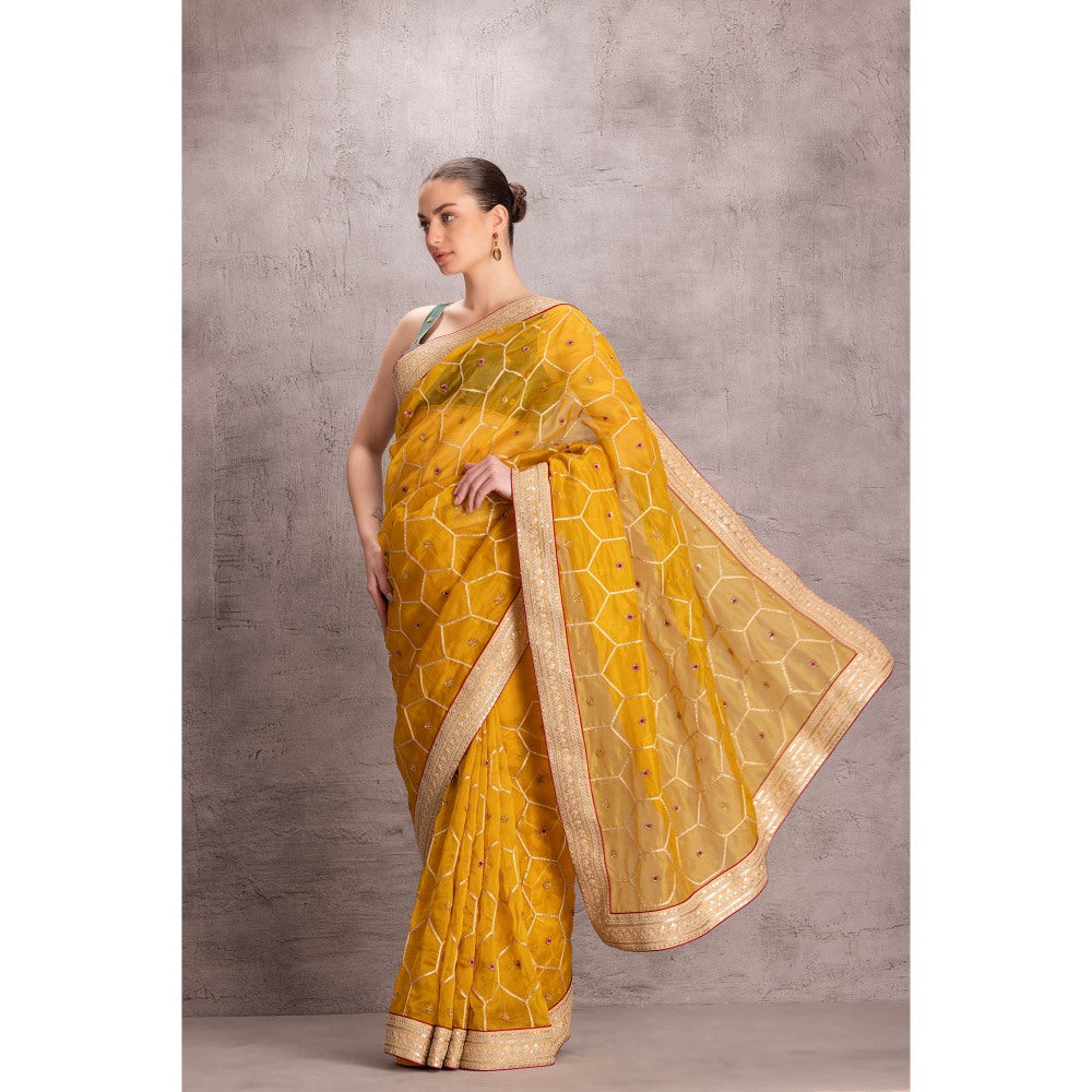 Janki India Womens Embellished Yellow Organza Saree with Stitched Blouse & Underskirt