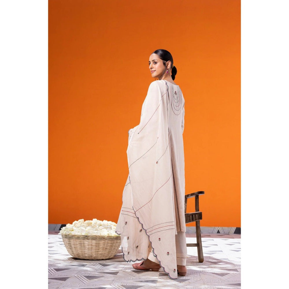 Janki India Ivory Chanderi Embroidered Kurta with Palazzo and Dupatta (Set of 3)