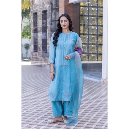 Janki India Sky Blue Chanderi Kurta with Palazzo and Dupatta (Set of 3)