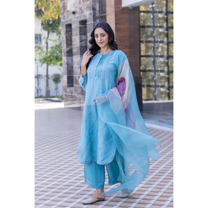 Janki India Sky Blue Chanderi Kurta with Palazzo and Dupatta (Set of 3)