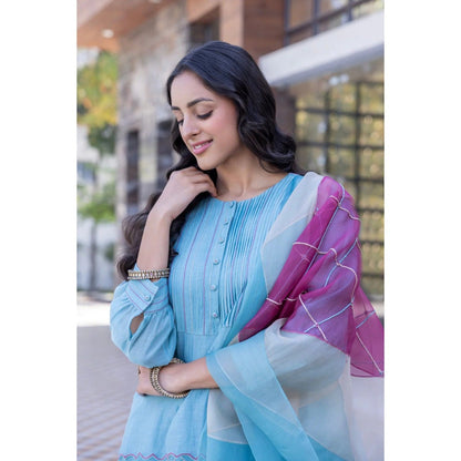 Janki India Sky Blue Chanderi Kurta with Palazzo and Dupatta (Set of 3)