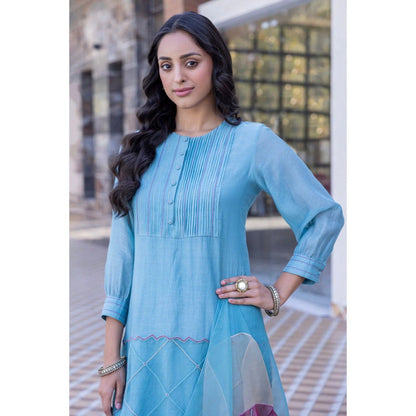 Janki India Sky Blue Chanderi Kurta with Palazzo and Dupatta (Set of 3)