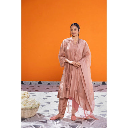 Janki India Rose Gold Silk Embroidered Kurta with Pant and Dupatta (Set of 3)